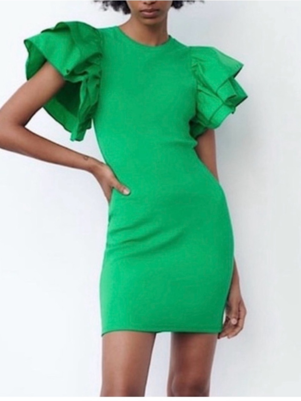 Zara Women Bright Green Knit Ruffle Balloon Sleeve Bodycon Dress Sz M NWT